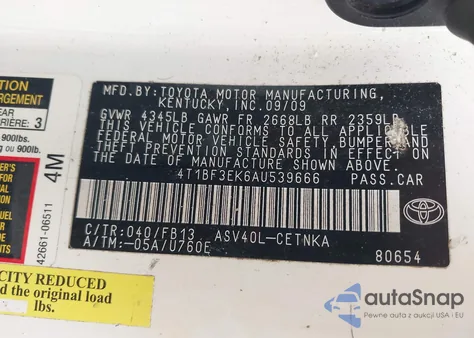 2010 Toyota Camry z USA, uszkodzony, nr VIN 4T1BF3EK6AU539666